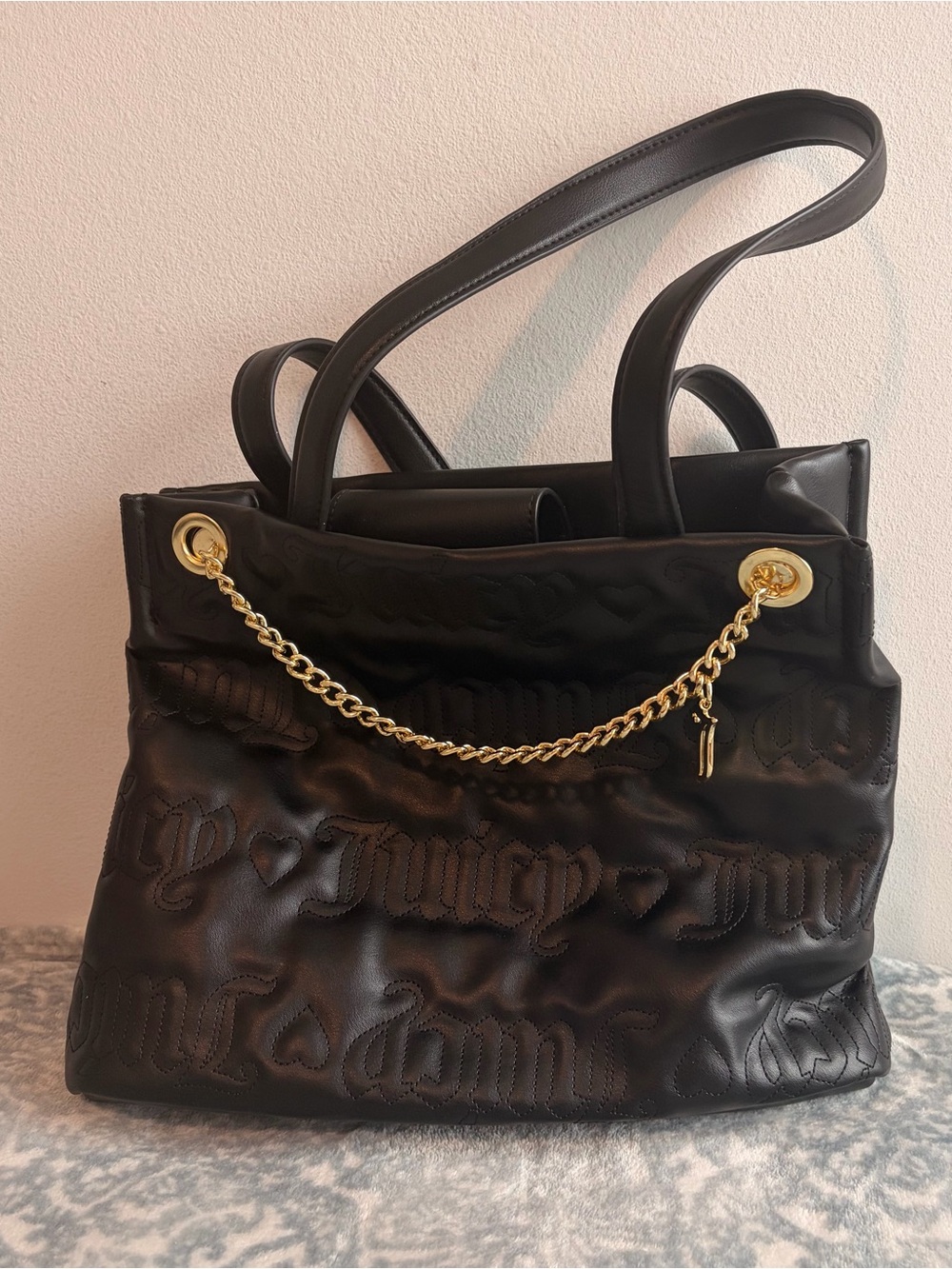 Juicy Couture Y2K Gothic Embossed Tote Bag Black Gold Chain Purse